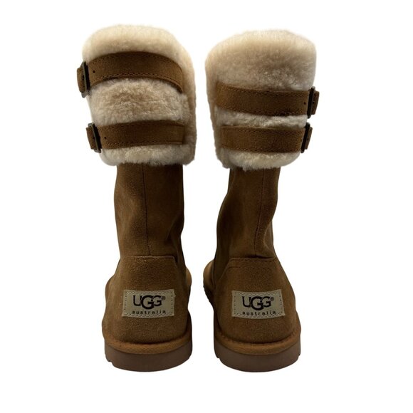 Ugg Australia Aleyah Tan suede Leather Fur trim double strap boots sz5-1006055y - Picture 5 of 10